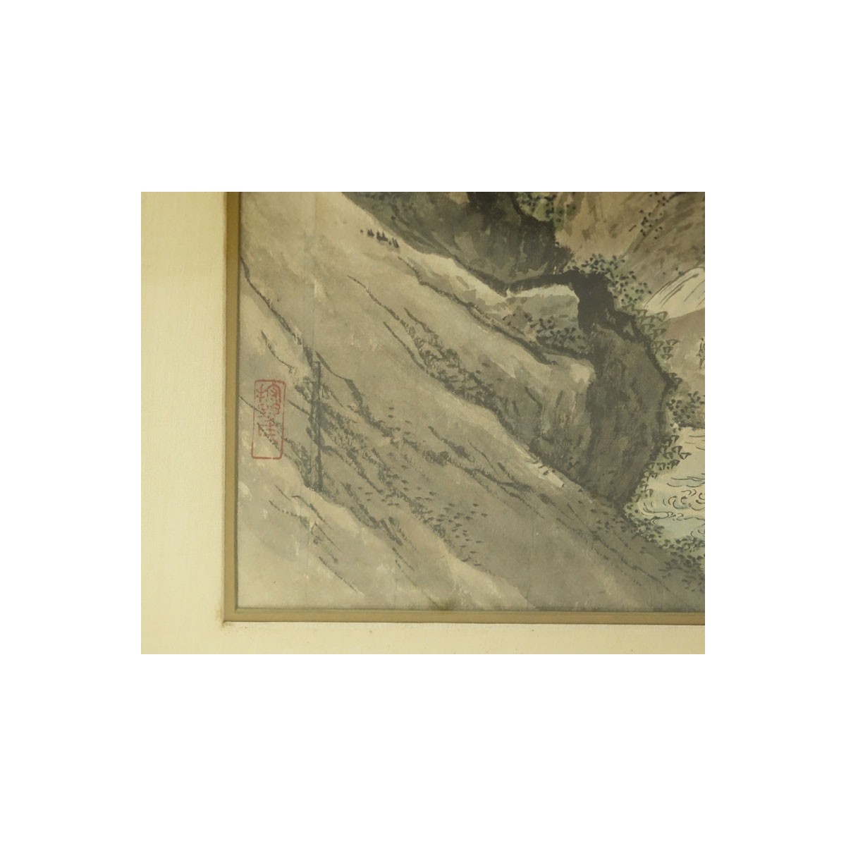 Large Antique Japanese Watercolor Scroll Painting, Landscape Scene. Signed. Toning and spotting, cr