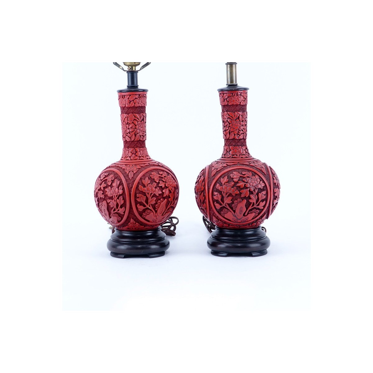 Pair of Chinese Cinnabar Style Vases Mounted as Lamps. Good condition. Overall measures 21-1/2" H, 