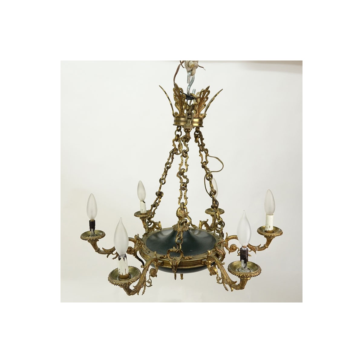 19/20th Century Empire Style Six-Light Gilt Brass and Tole Chandelier.  Rubbing to gilt, losses to 