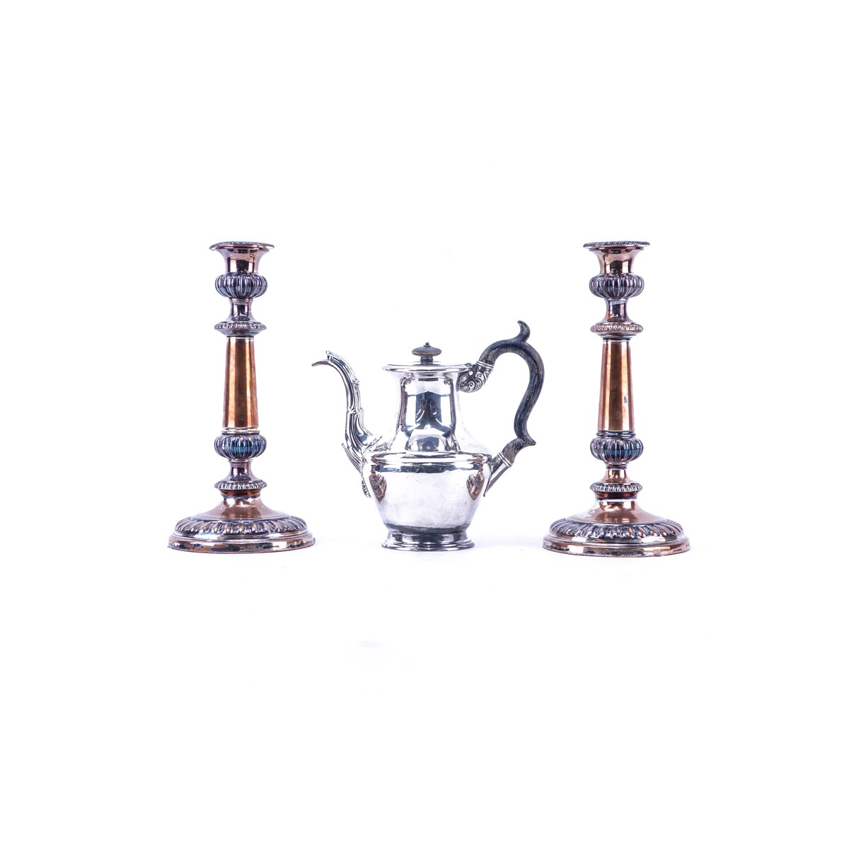 Grouping of Three (3): Pair of Silverplate Candlesticks, James Dixon & Sons Silverplate Teapot. Can