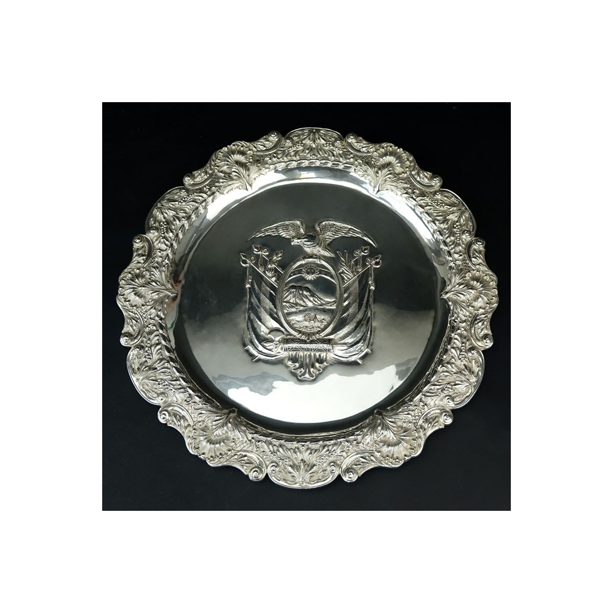 Vintage Silver Ecuador Coat of Arms Repousse Tray. Unsigned, J. Espinosa sticker label affixed en v