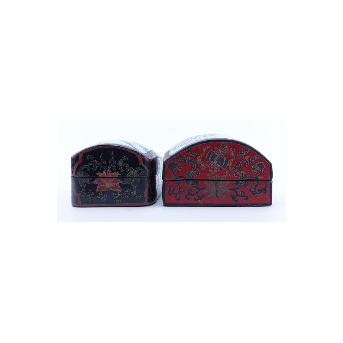 Two Chinese Lacquer and Porcelain Boxes. Both boxes with inset convex porcelain plaques. Unsigned.