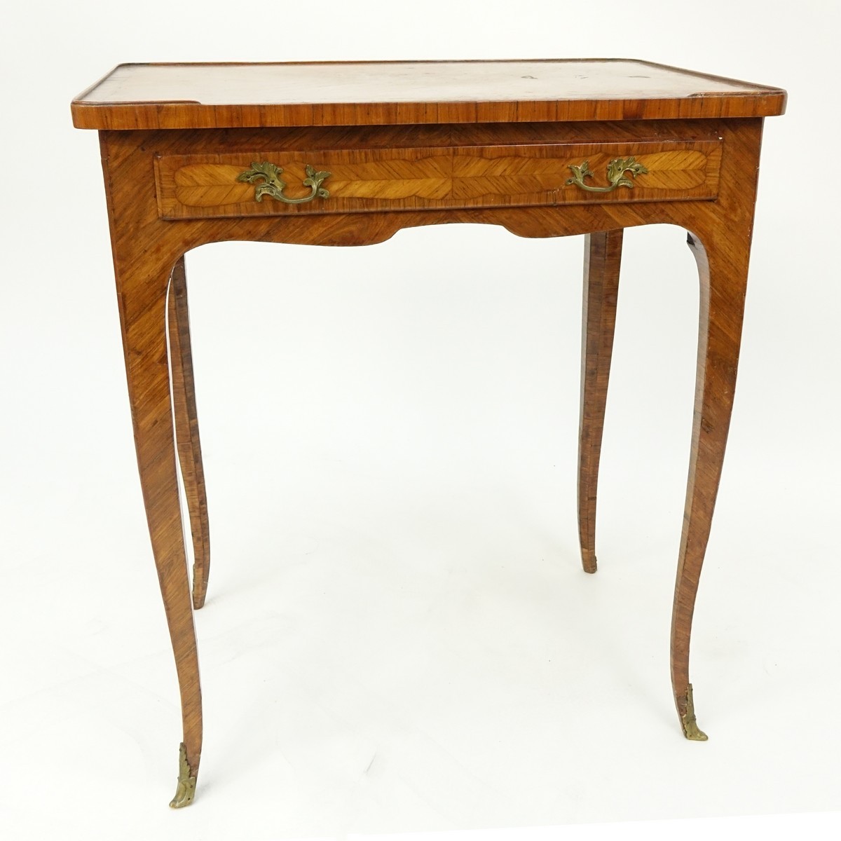 19th Century French Kingwood Inlaid Side Table with Gilt Bronze Mounts. Large sliding drawer and st