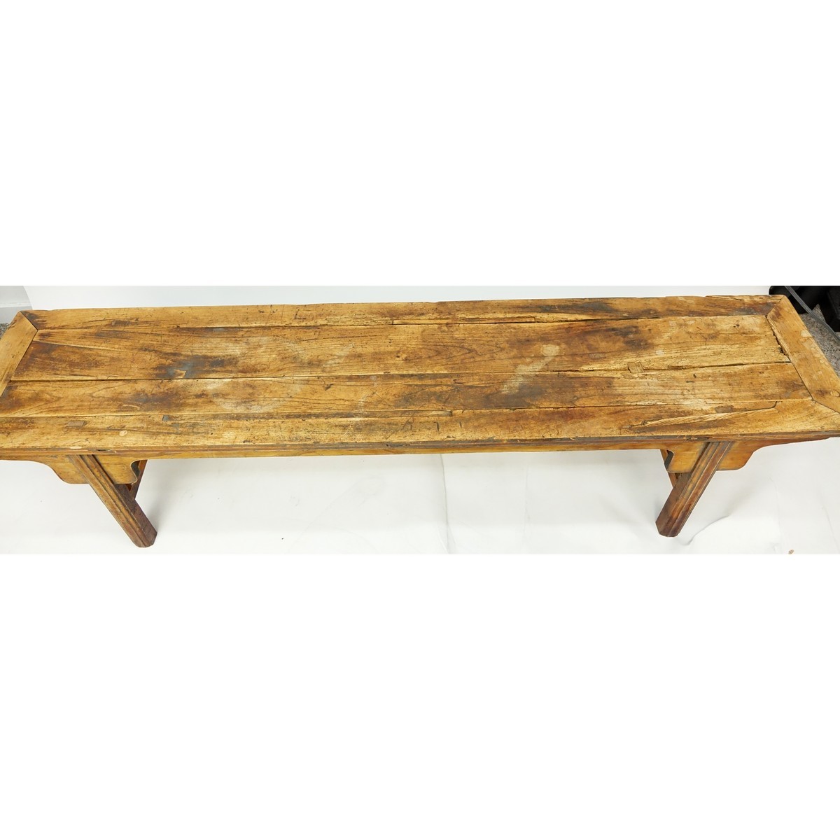Large 19/20th Century Chinese Hardwood Bench. Wear to wood, scratches and scuffs to legs. Measures 