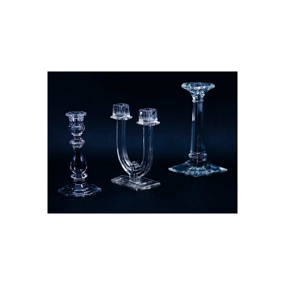 Three (3) Pairs of Heisey Glass Candlesticks in the Old Williamsburg, Aristocrat, and New Era Patte