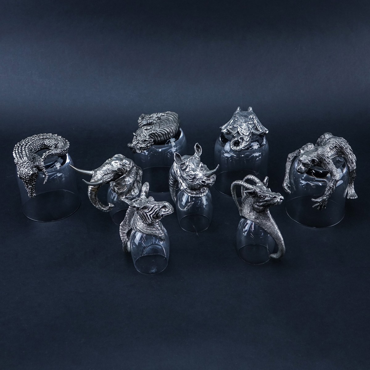 Frankli Wild Royal Selangor Pewter and Glass Barware. Eight (8) glasses with South African animal f