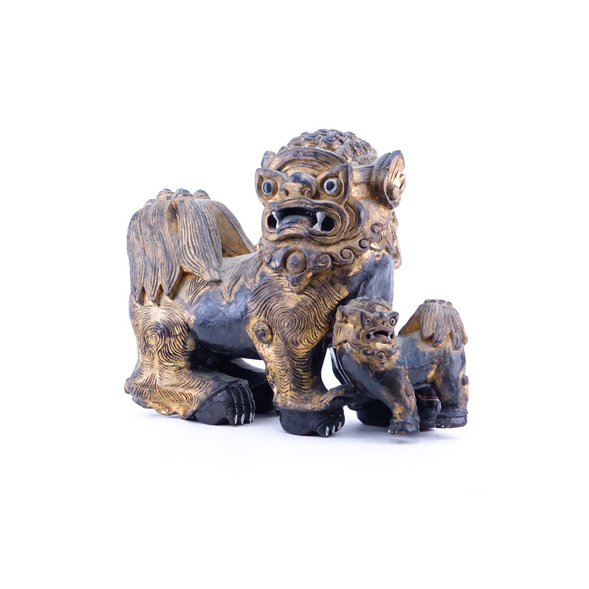 Large Modern Chinese Carved Wood Foo Dog Group. Unsigned. Wear, rubbing. Measures 17" T x 22" L.  (