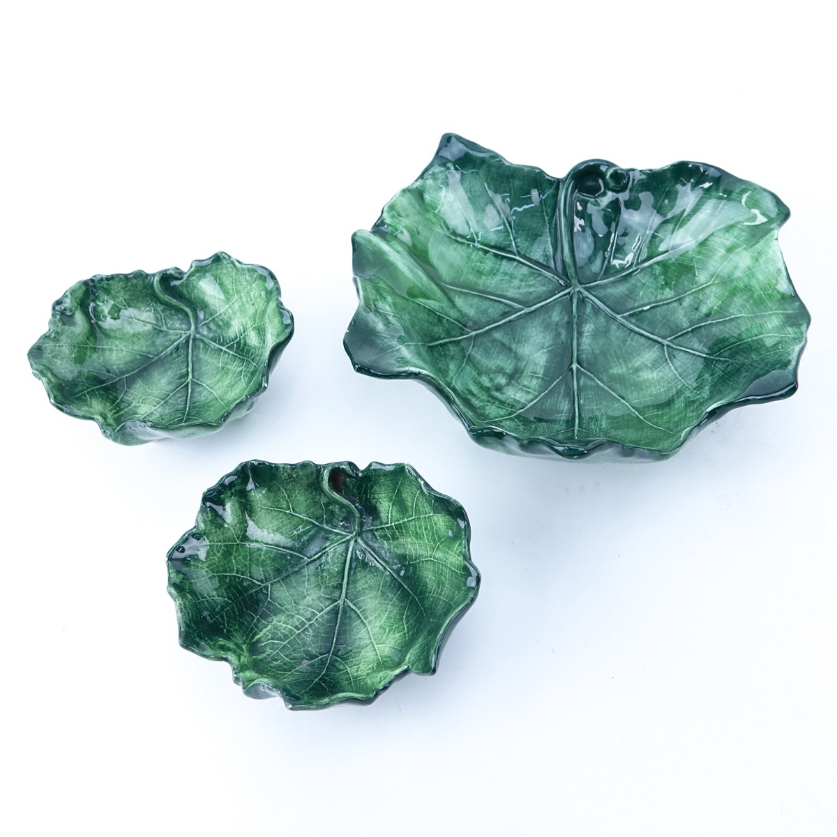 Six (6) Pieces Modern Majolica Style Pottery Bowls. Includes various leaf motifs. Various signature