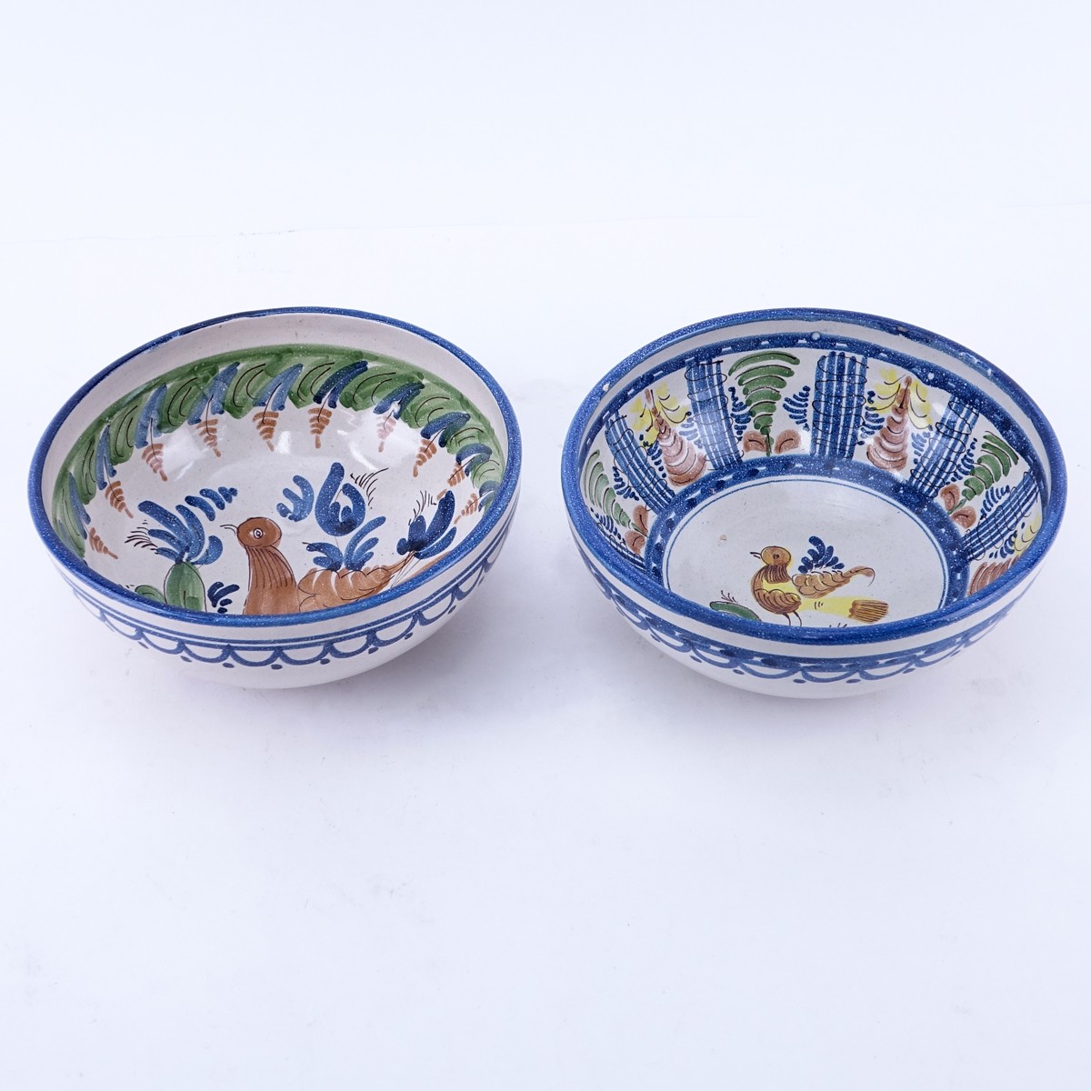 Two (2) Decorative Spanish Style Bird Motif Pottery Bowls. Unsigned. One with small flake or in goo