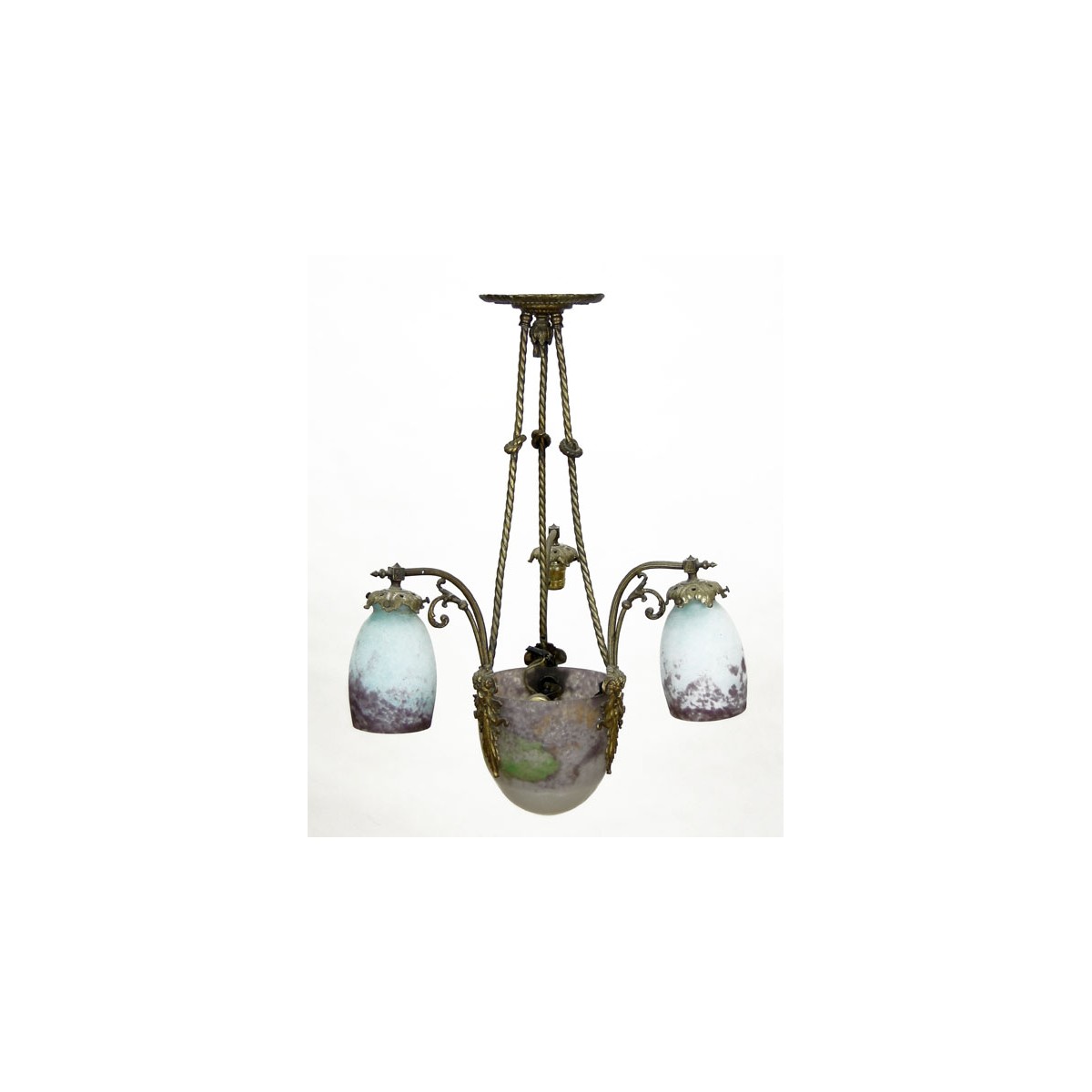 Early 20th Century French Muller-Strasbourg Art Glass and Cast Iron Chandelier.  Glass Signed Mulle