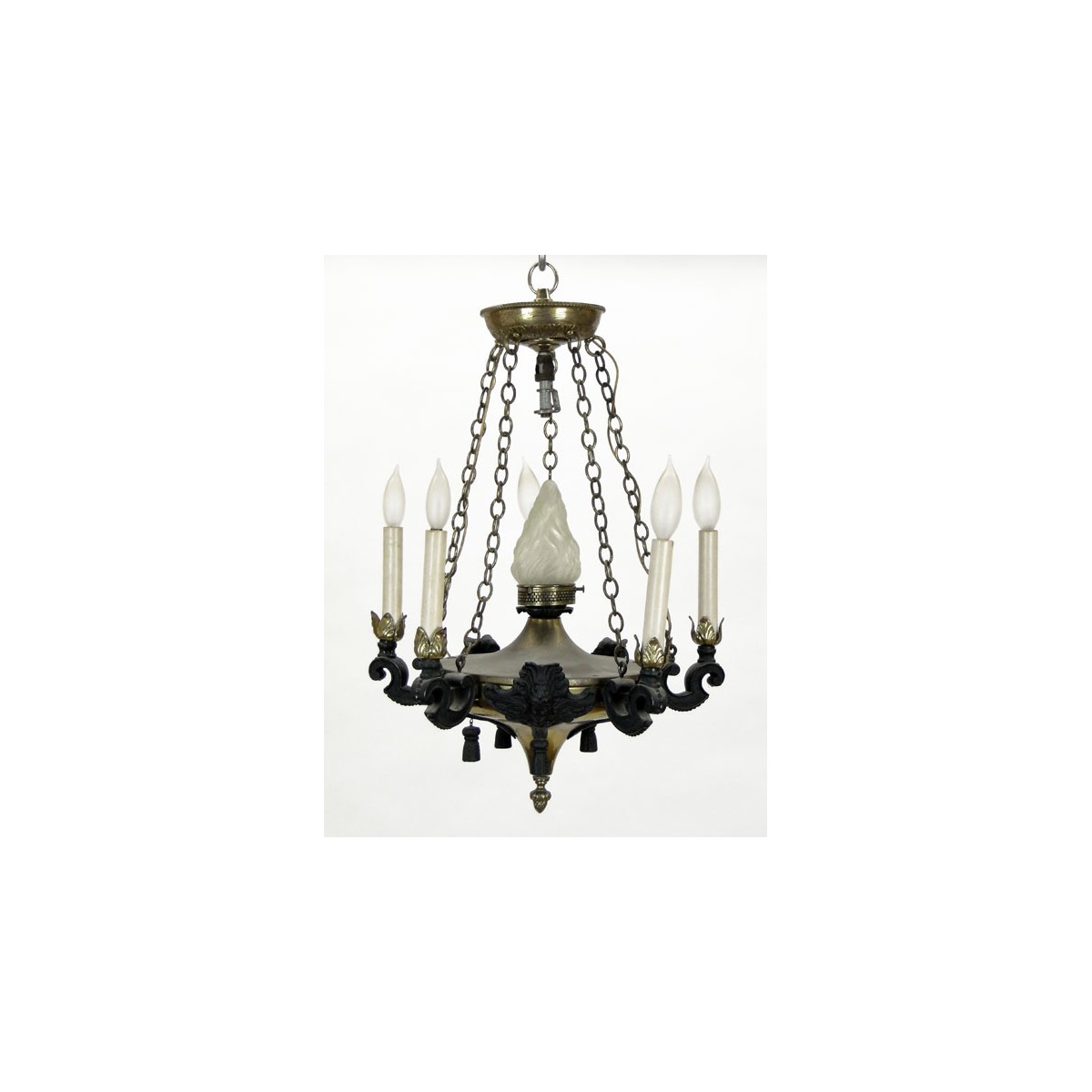 Early 20th Century Neo-Classical Style Six (6) Light Gilt Metal and Patinated Metal Chandelier. Uns