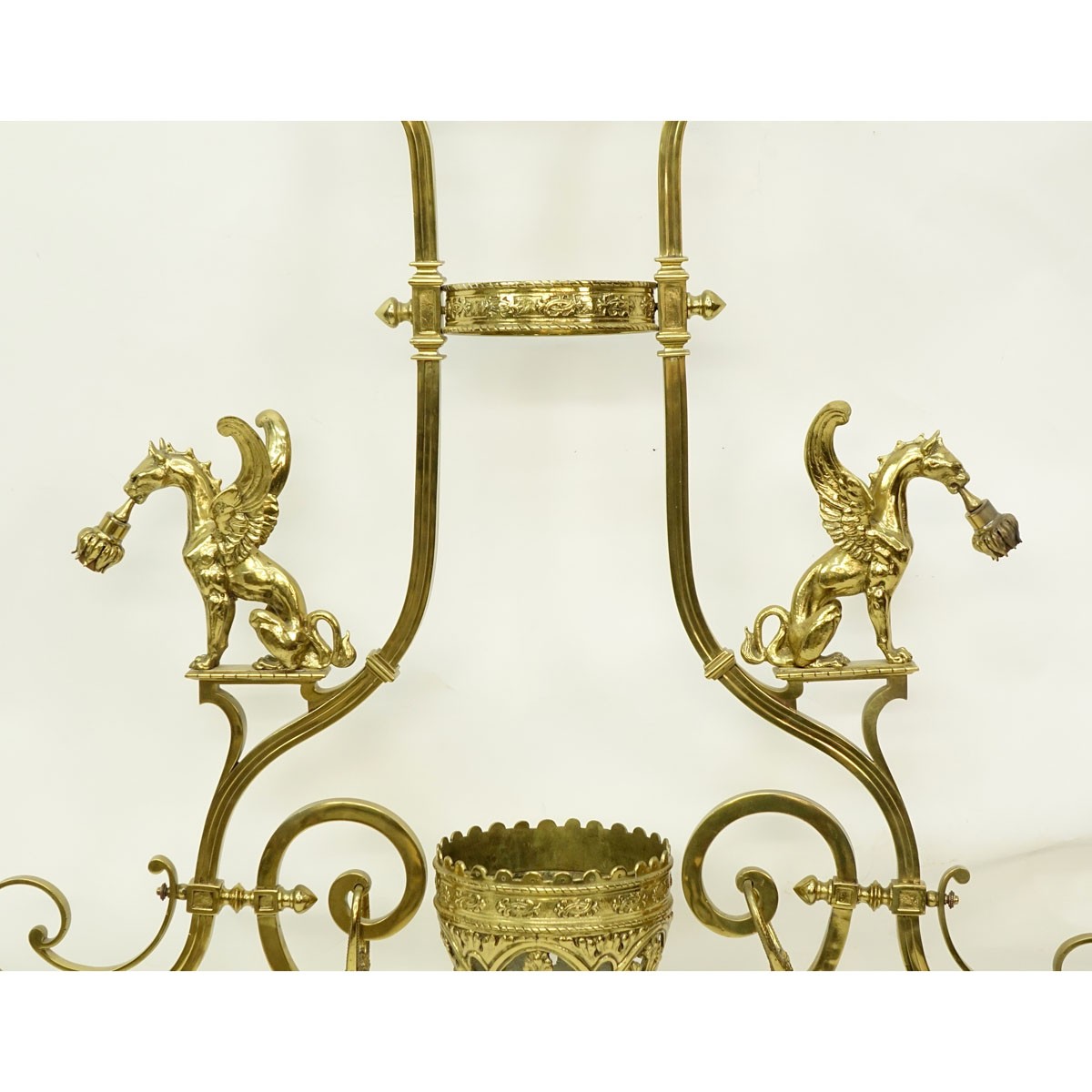 Large Gothic Style Gilt Bronze Two Arm Billiard Light Fixture with Amber Color Glass Shades. Good c