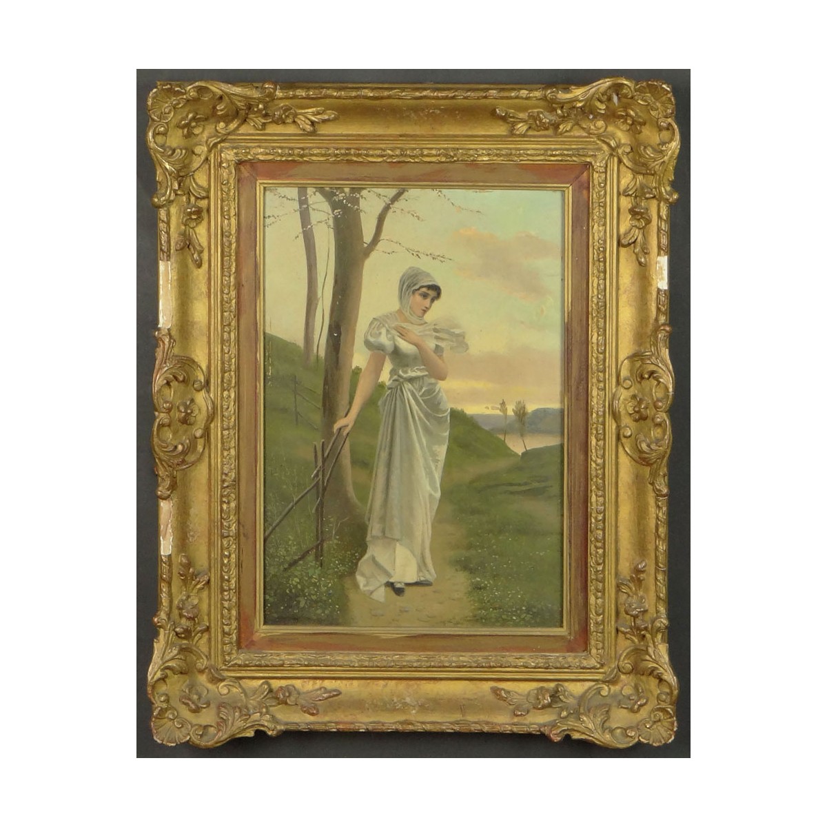 Early 20th Century Oil on Panel "Lady in White Dress" Unsigned. Paint Flakes, Losses to Frame Other