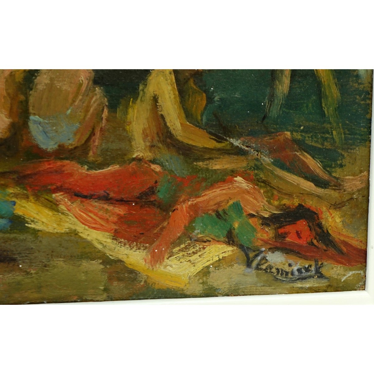 20th Century Oil on Canvas "Beachgoers" Bears signature lower right Vlaminck. Small losses, craquel