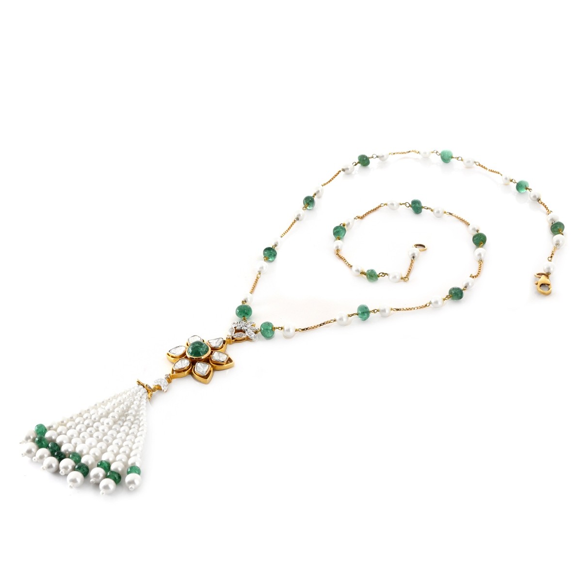 Diamond, Emerald, Pearl and 14K Necklace