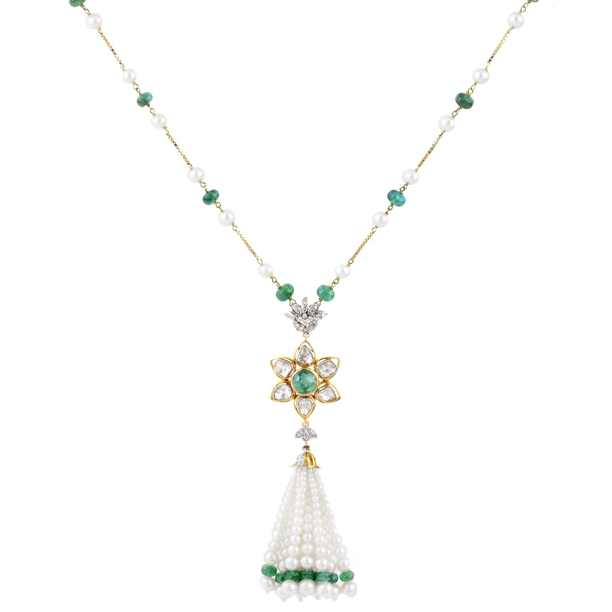 Diamond, Emerald, Pearl and 14K Necklace