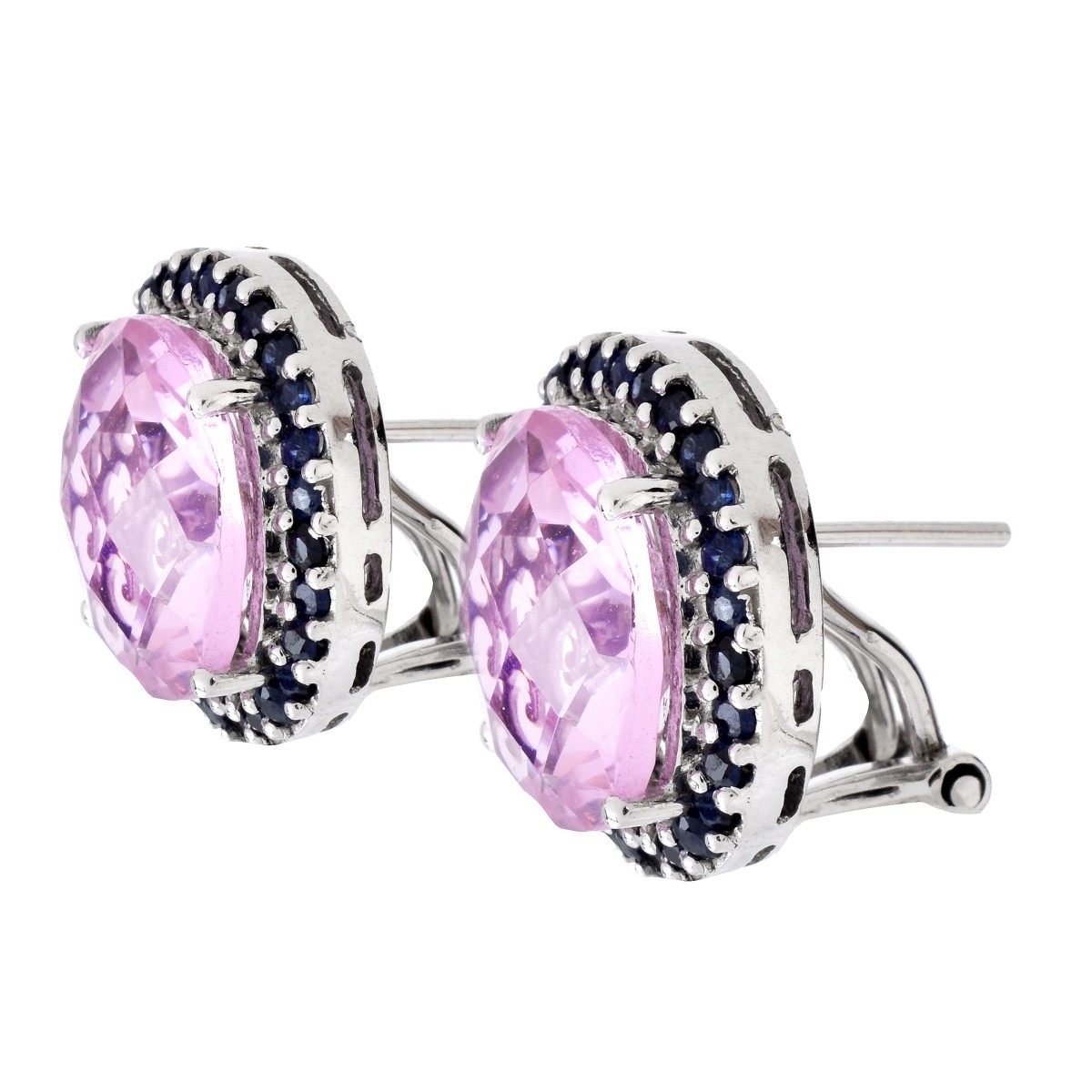 Pink Stone, Sapphire and 14K Earrings