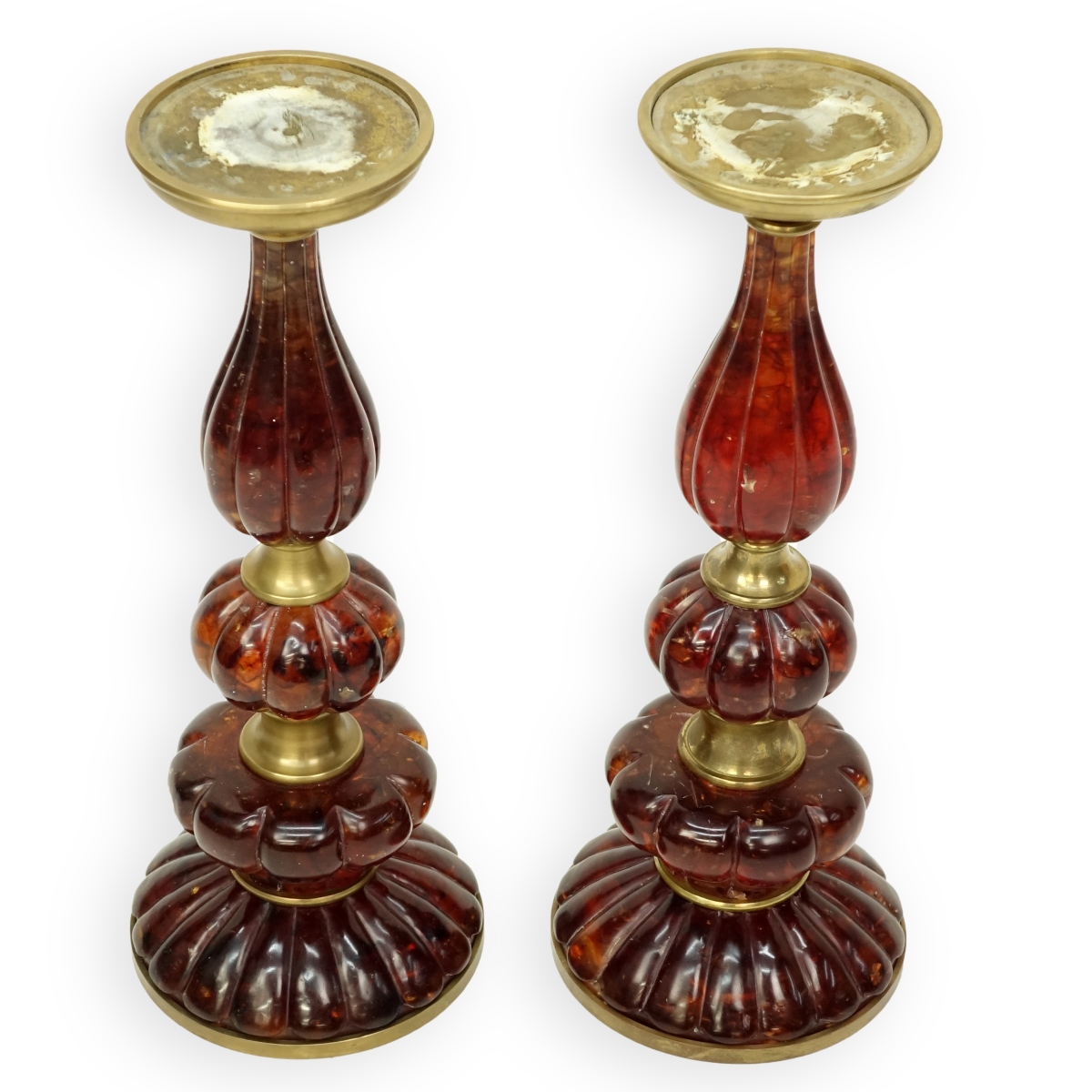 Pair Amber & Brass Candlesticks