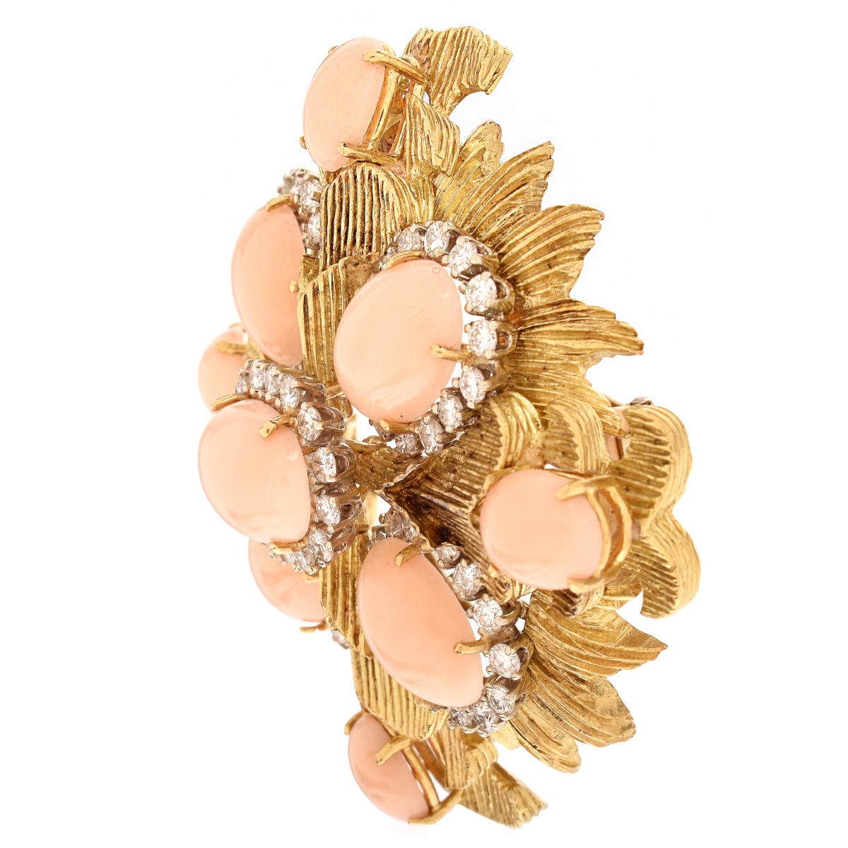 Vintage Coral, Diamond and 18K Gold Brooch