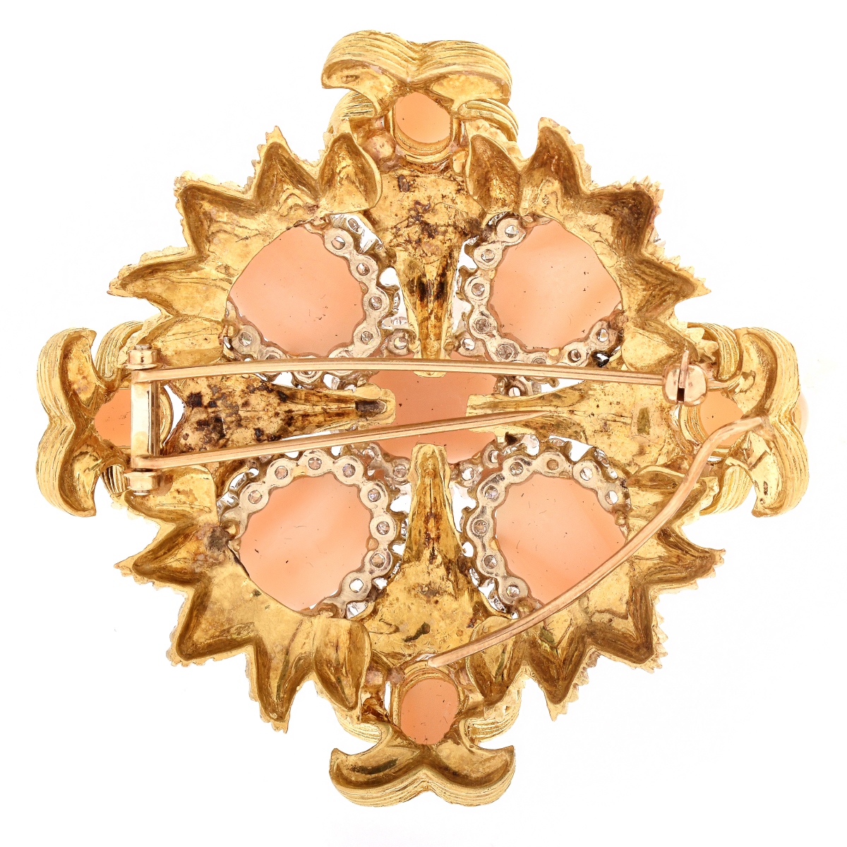 Vintage Coral, Diamond and 18K Gold Brooch