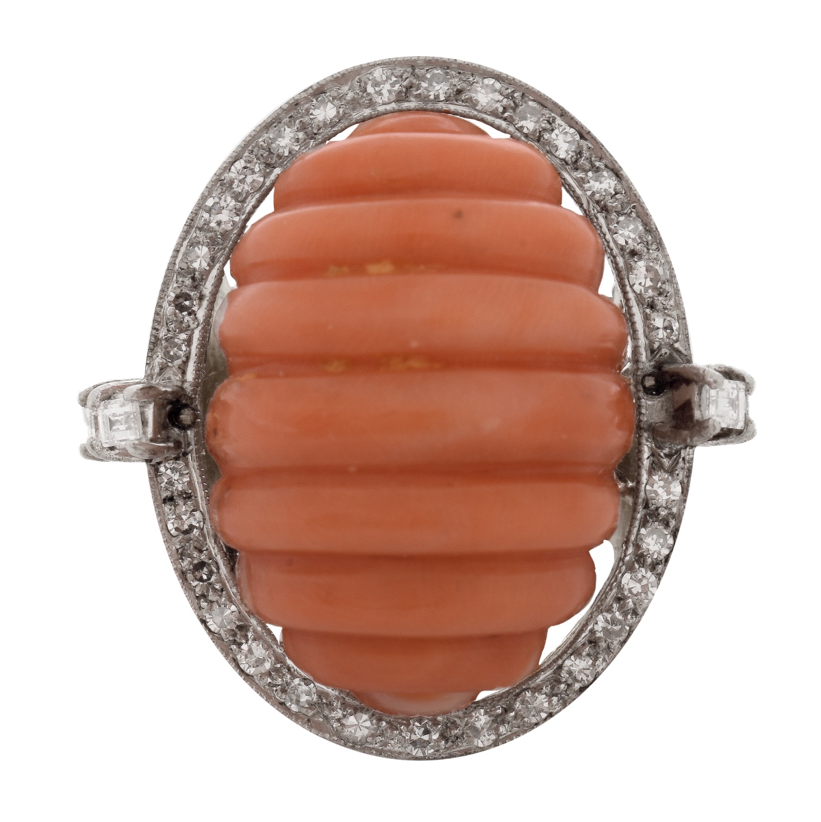 Vintage Coral, Diamond and 14K Ring