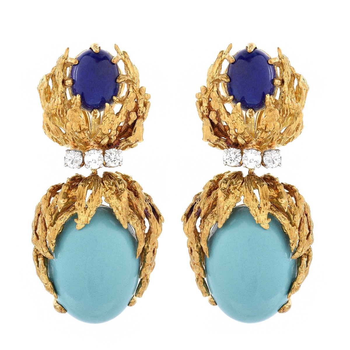 Vintage Turquoise, Lapis, Diamond, 18K Earrings