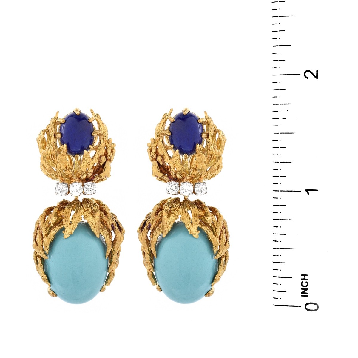 Vintage Turquoise, Lapis, Diamond, 18K Earrings