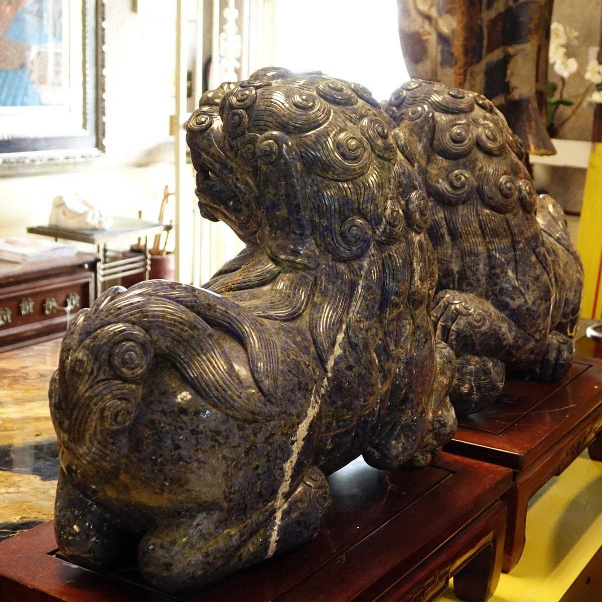 Chinese Carved Lapis Foo Dogs