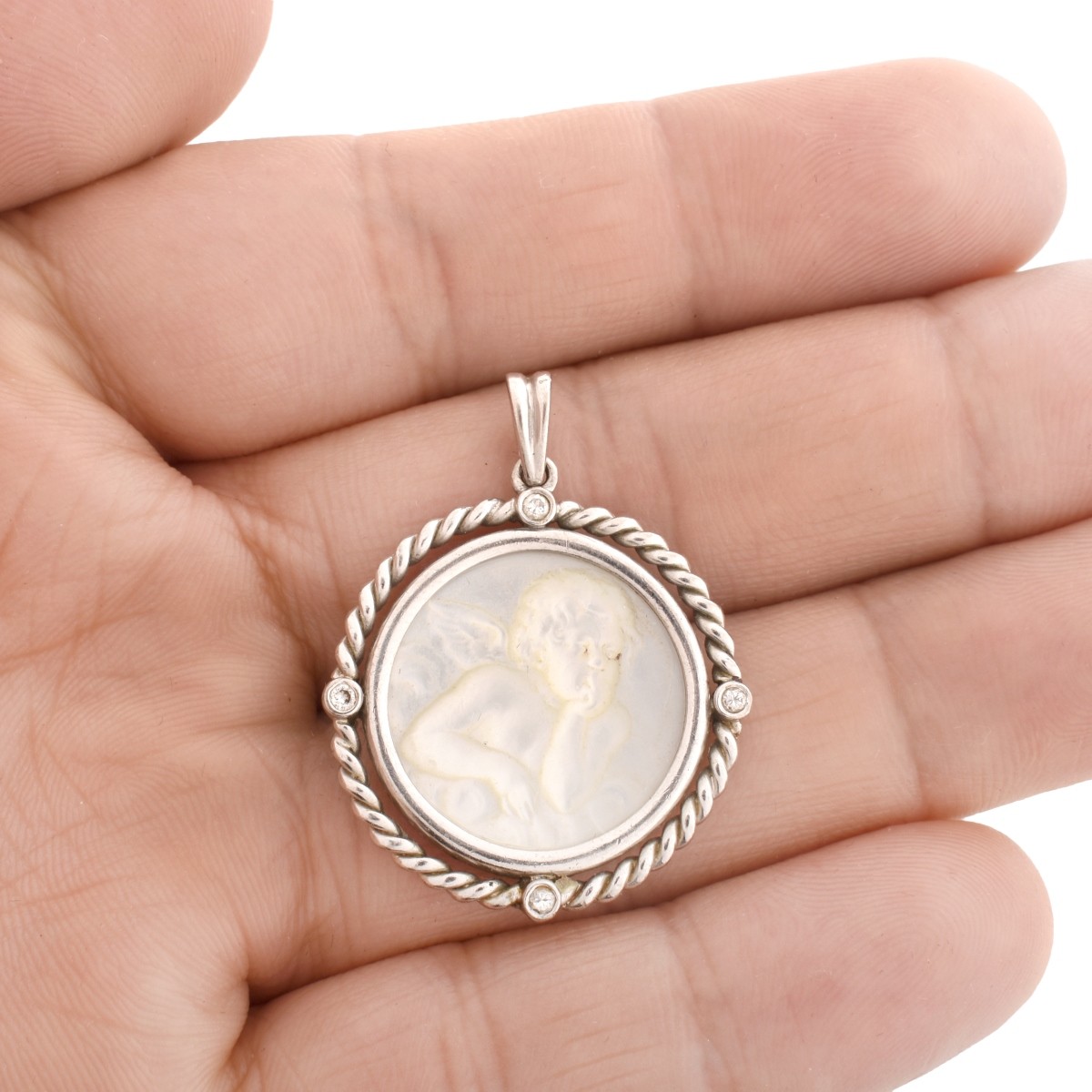 Diamond, 14K and Carved MOP Cameo Pendant