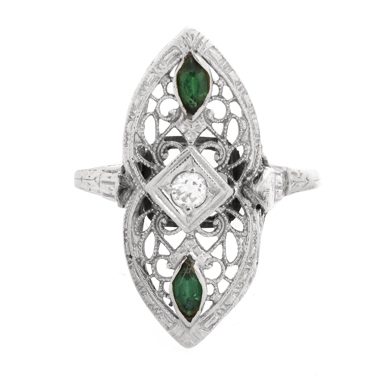 Art Deco Diamond, Emerald and 14K Ring
