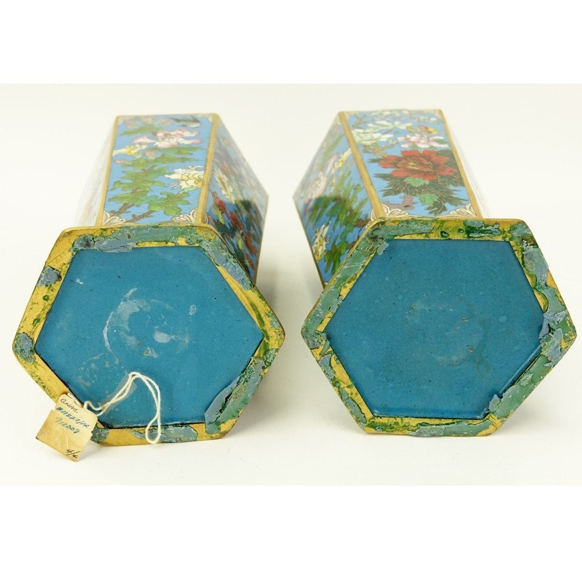 Chinese Cloisonne Pair Hexagon Vases