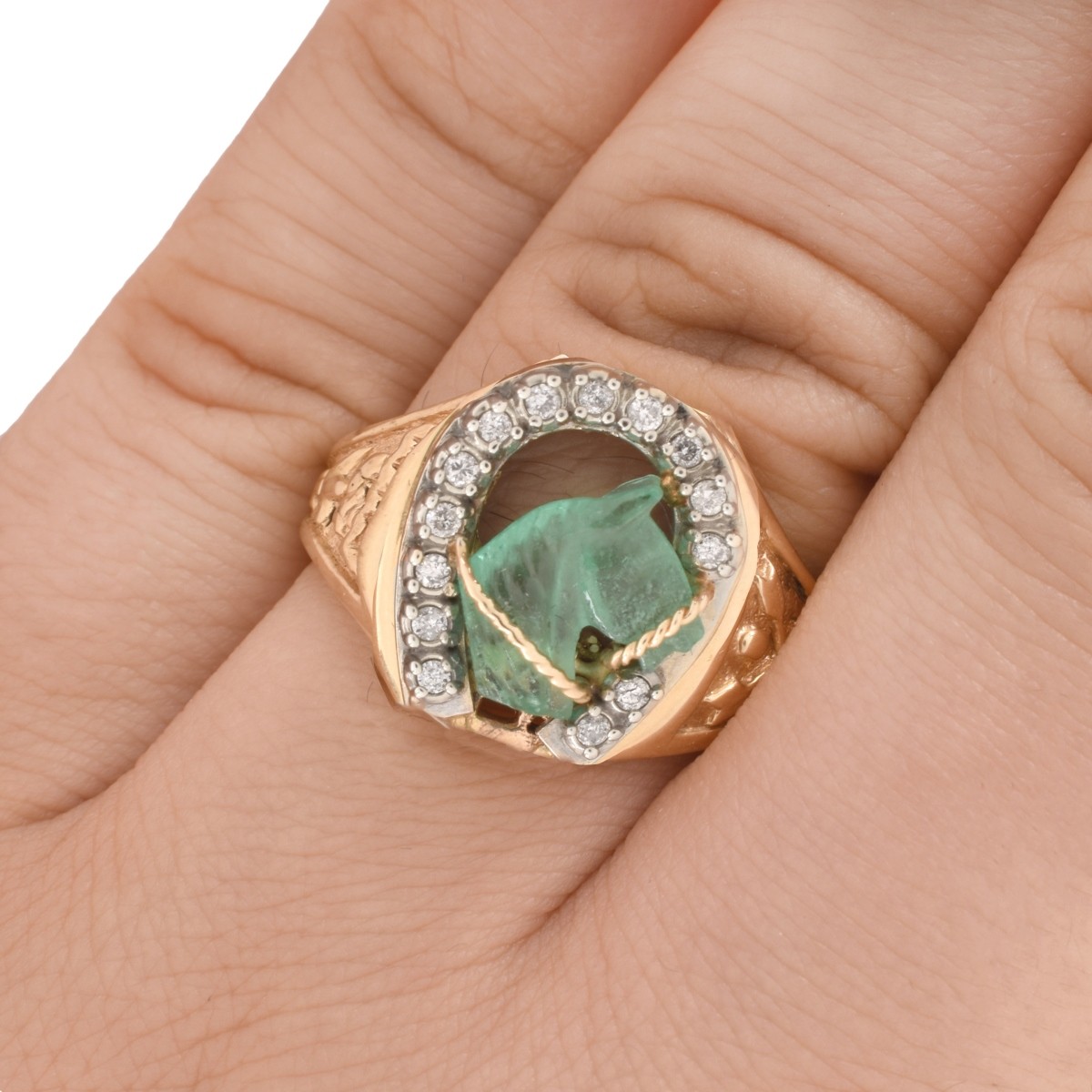 Carved Emerald, Diamond and 14K Ring