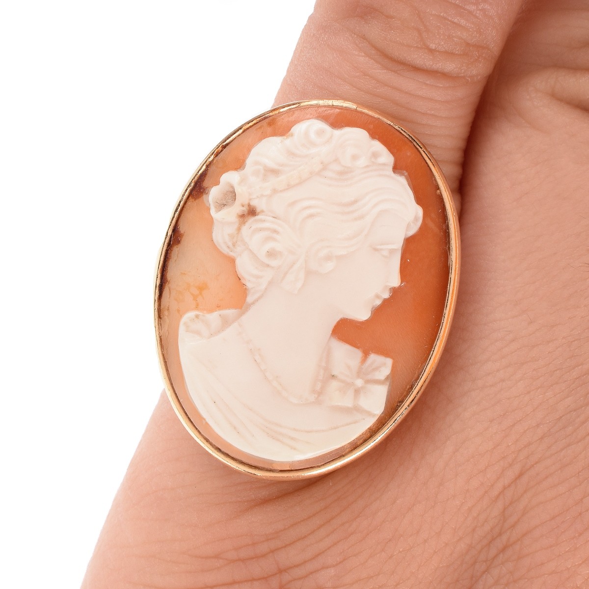 Carved Shell Cameo and 14K Ring