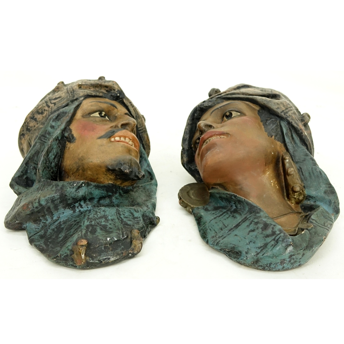 Pair of Vintage Polychrome Pottery Heads