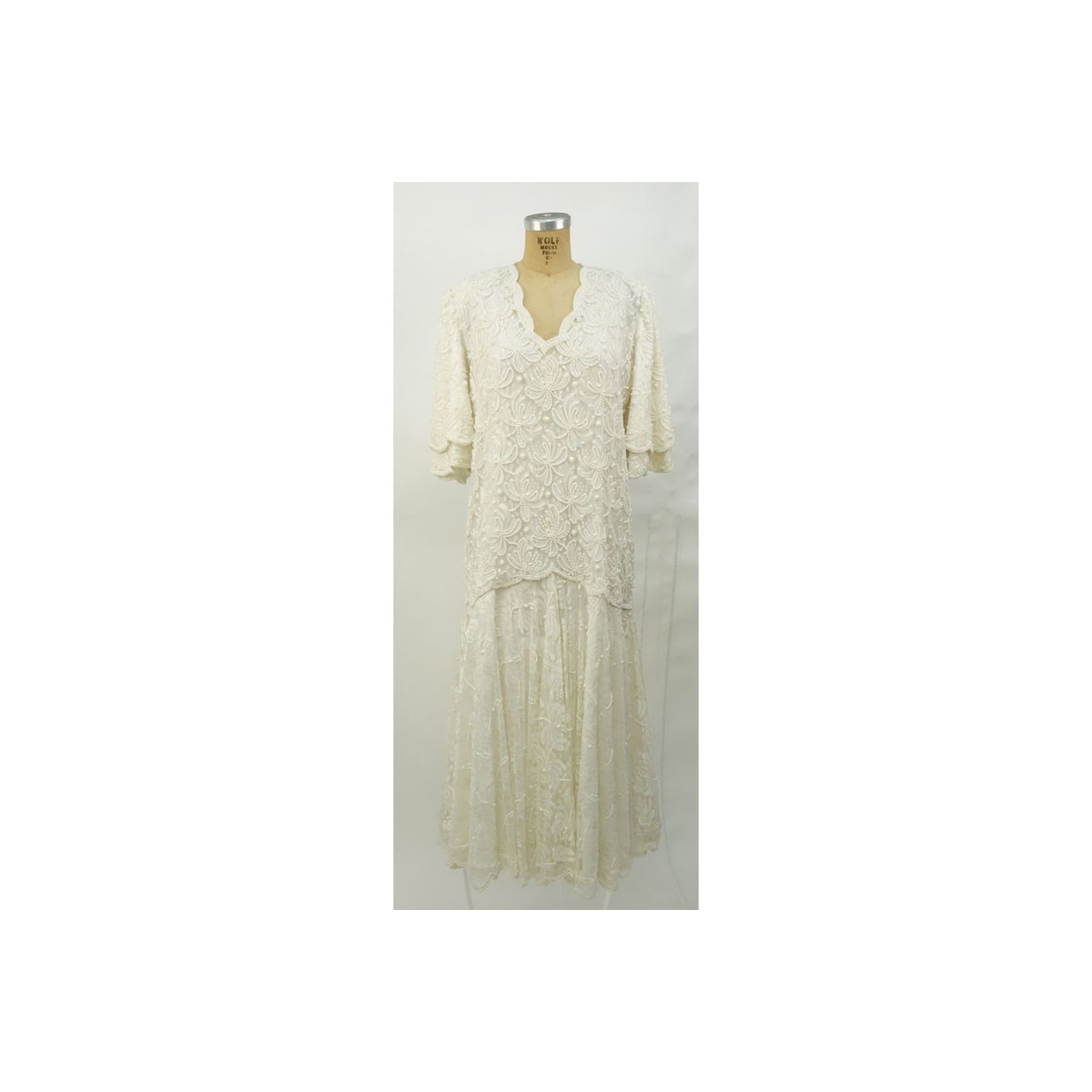 Vintage Ivory Color Beaded and Sequined Evening Dress. Some stain