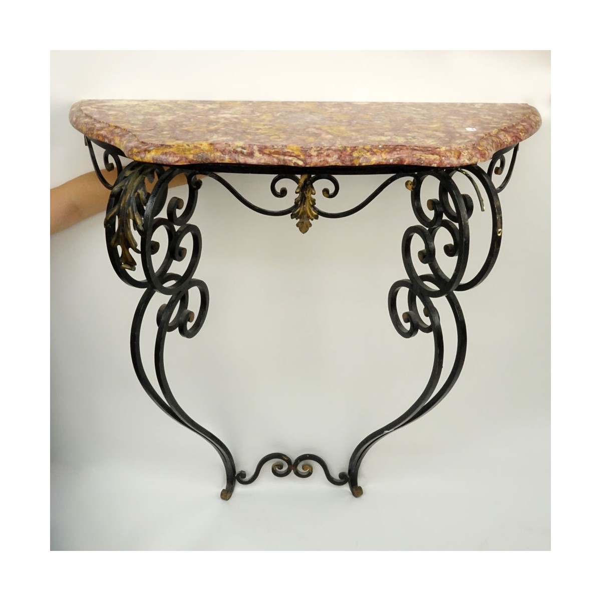 Vintage French Style Wrought Iron Console Table with marble top.