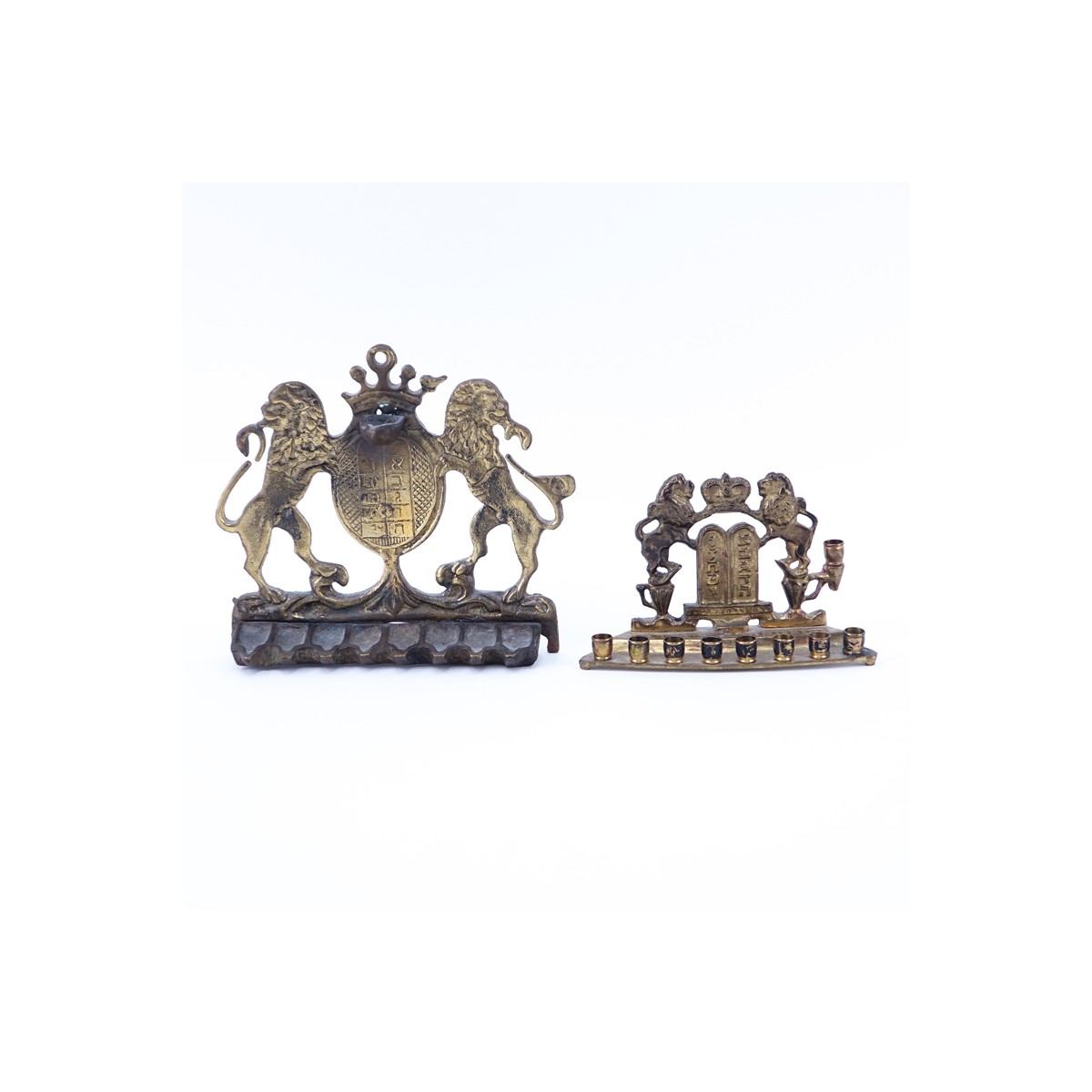 Grouping of Two (2) Vintage Gilt Brass Menorahs. Rubbing and wear