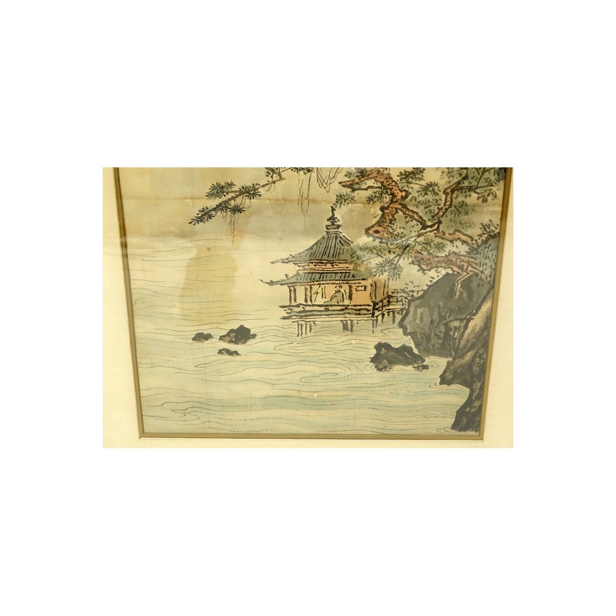 Large Antique Japanese Watercolor Scroll Painting, Landscape Scen