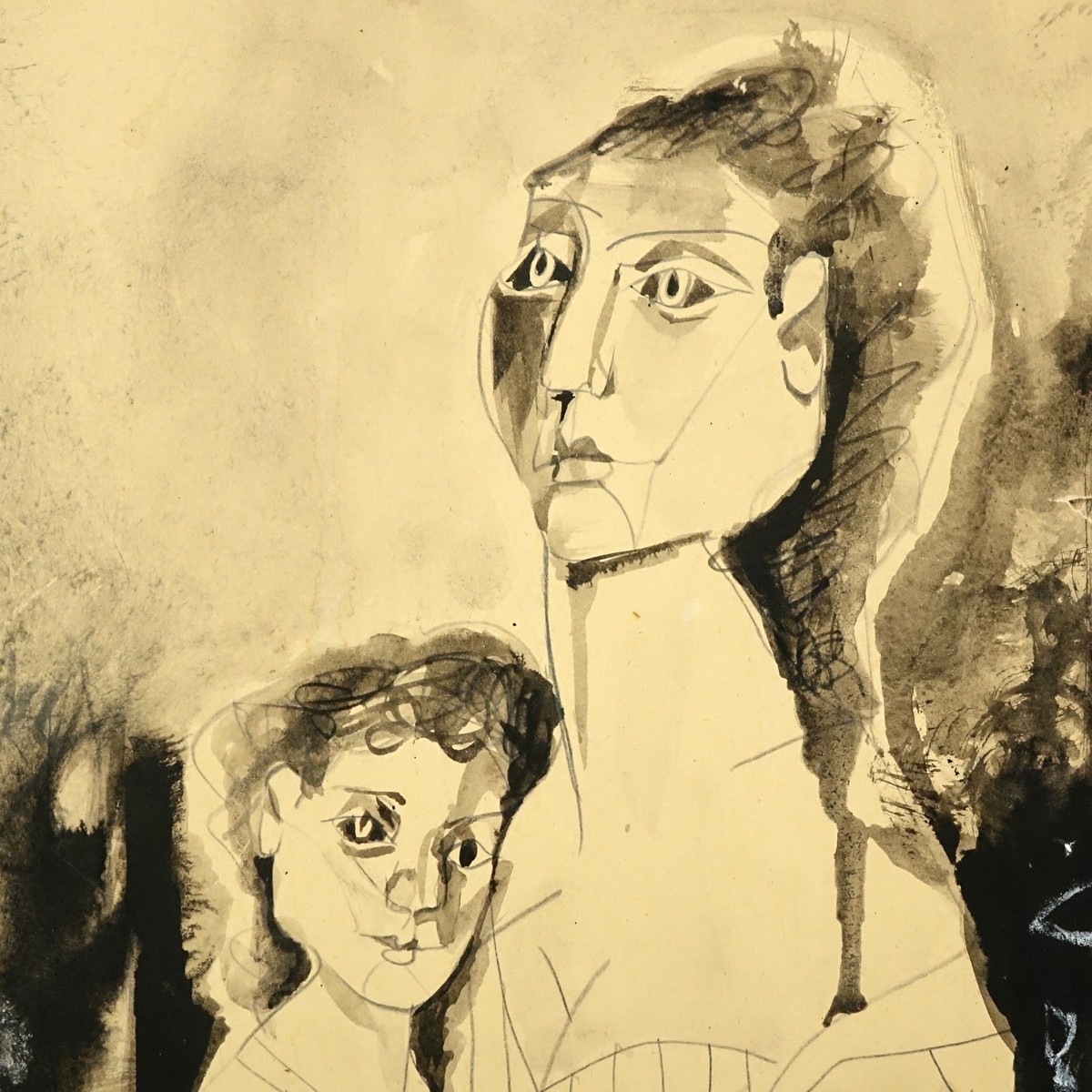 20th Century Gouache on Paper, Portrait of a Mother and Child, Si