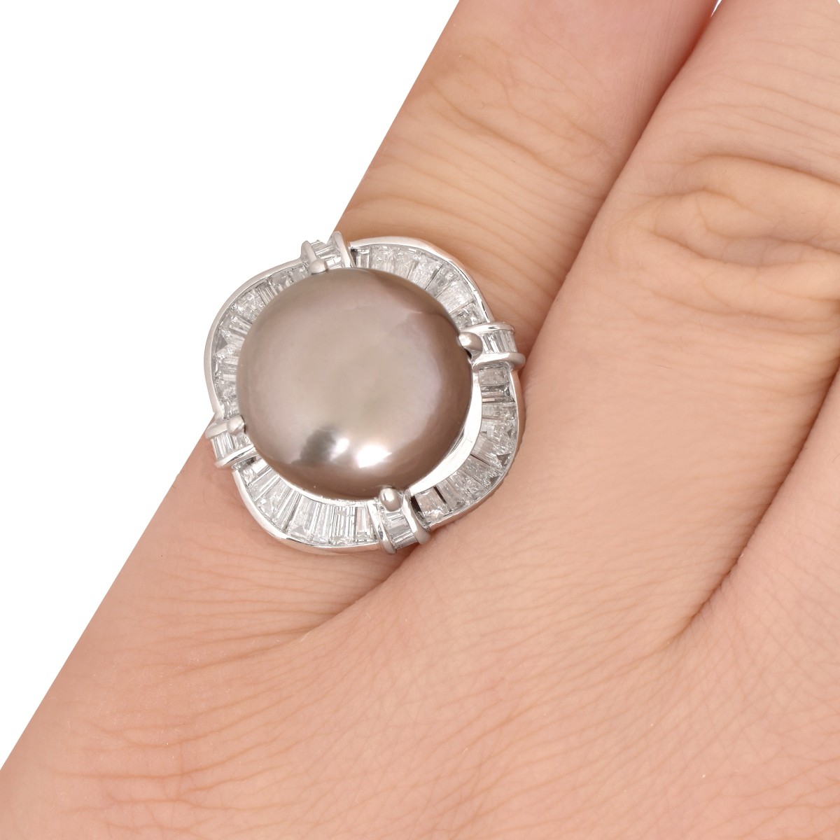 Black Pearl, Diamond and Platinum Ring