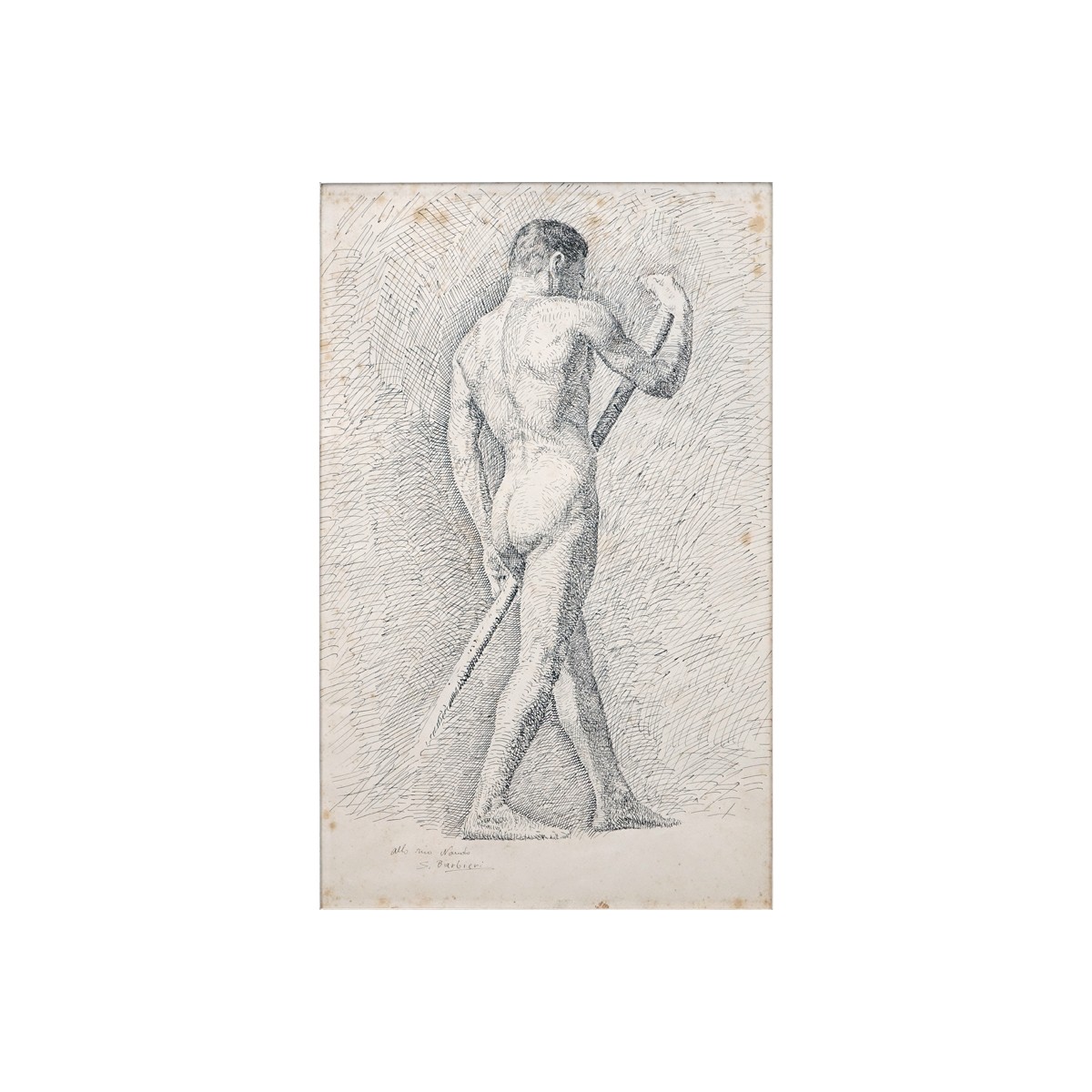 19th Century Italian School Ink on Paper "Male Nud
