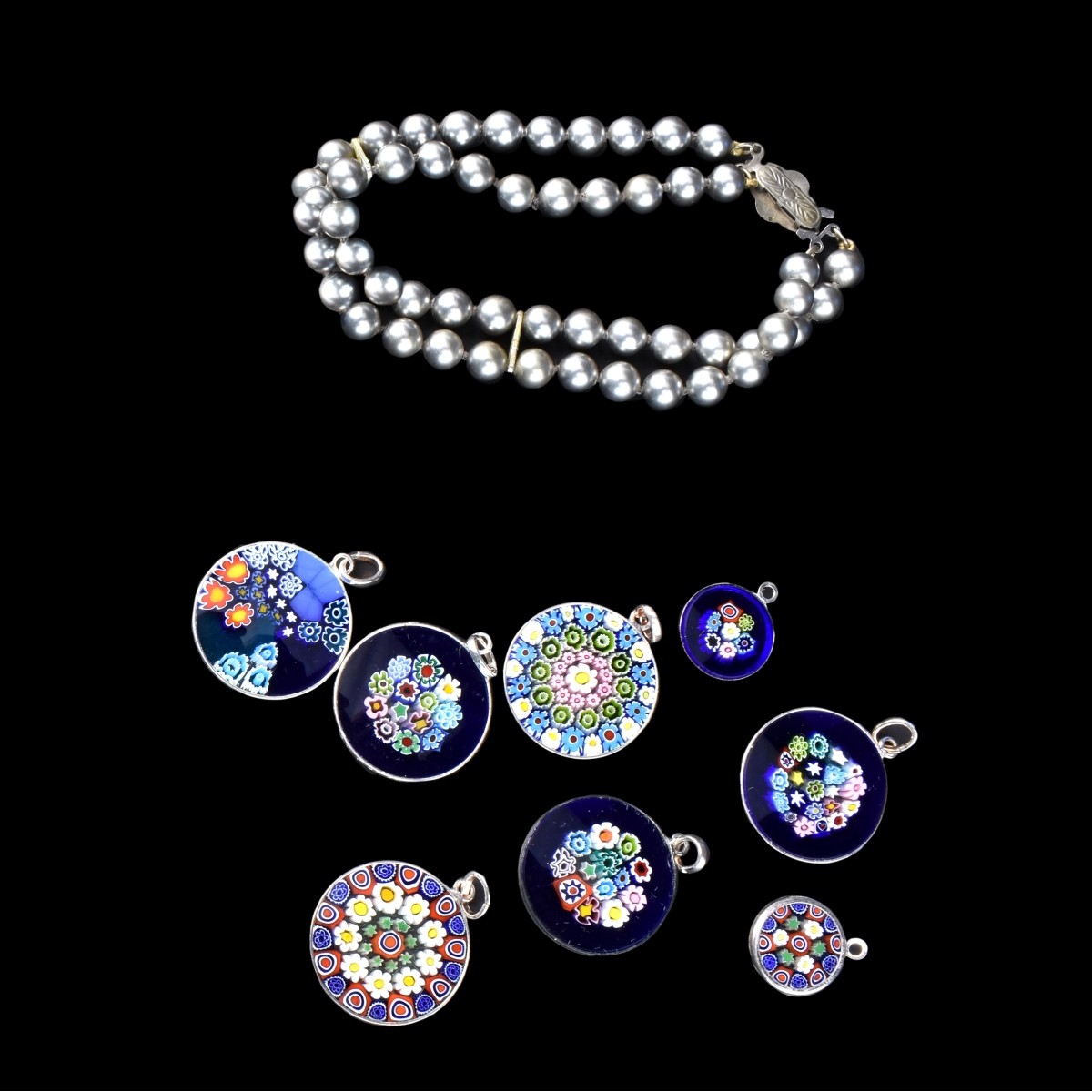 8 Murano Pendants, Pearl Bracelet