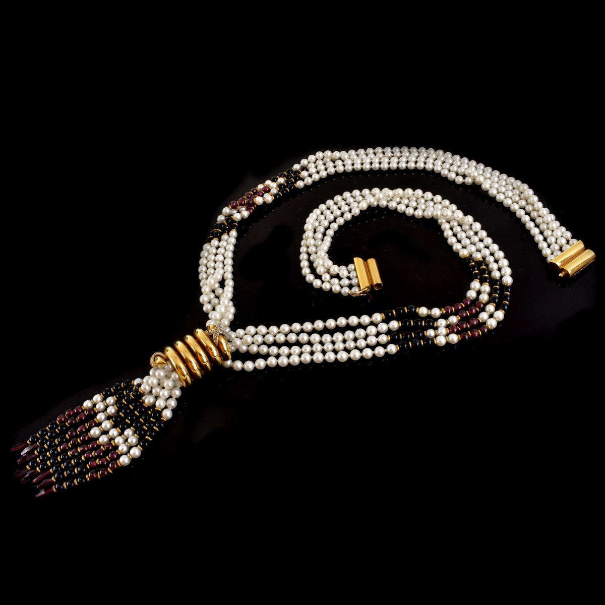 Vintage Pearl, Onyx, Garnet and 18K Necklace