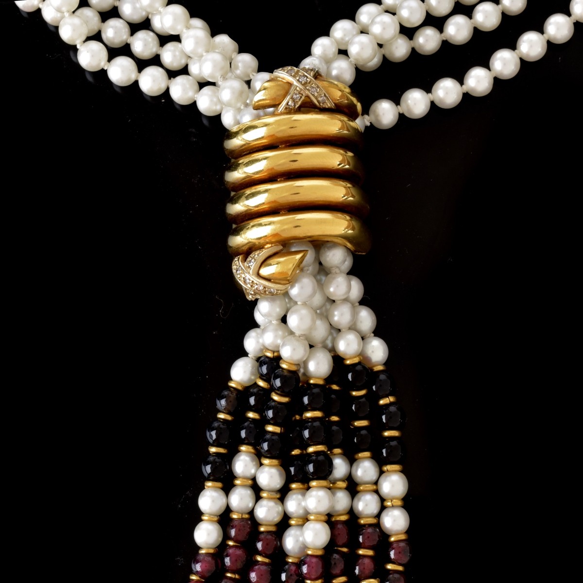 Vintage Pearl, Onyx, Garnet and 18K Necklace