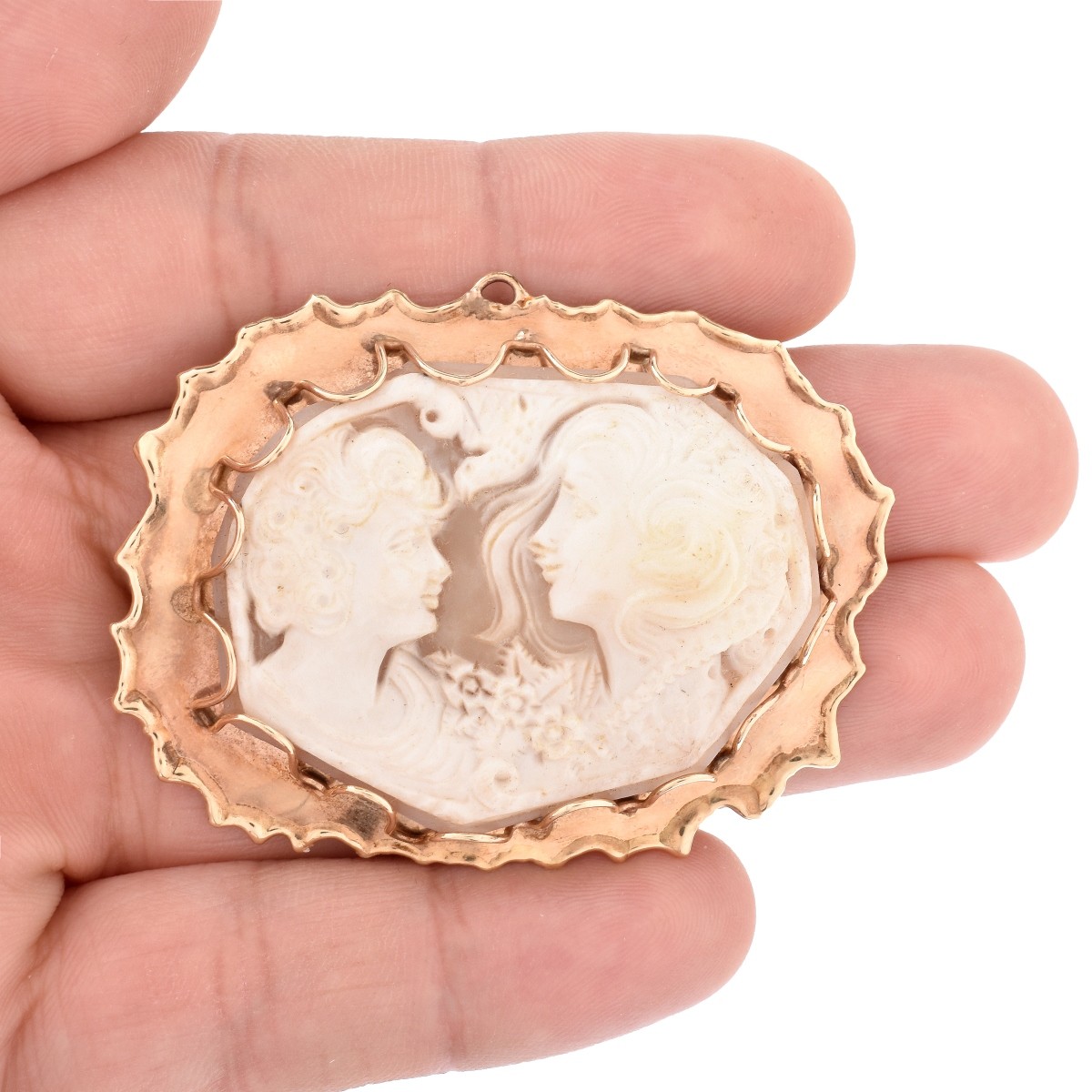 Vintage Carved Shell and 14K Cameo Brooch