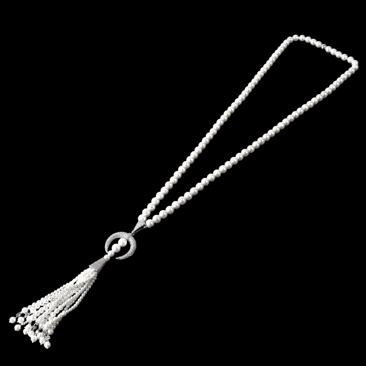 Faux Pearl and CZ Tassel Necklace