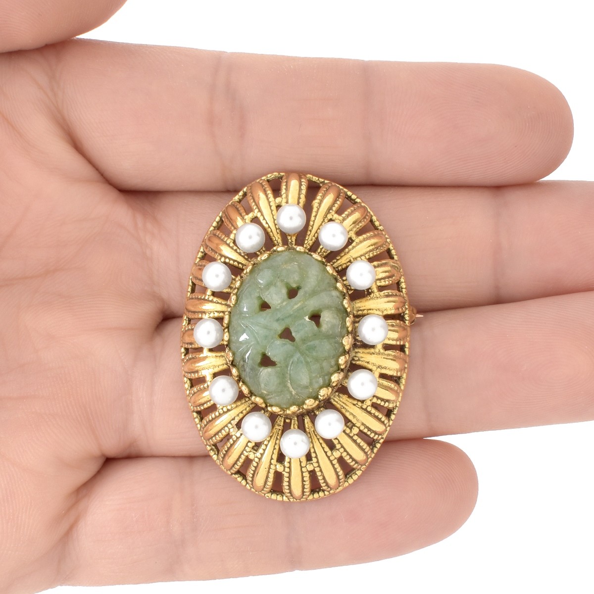 Vintage Jade, Pearl and 14K Pendant/Brooch
