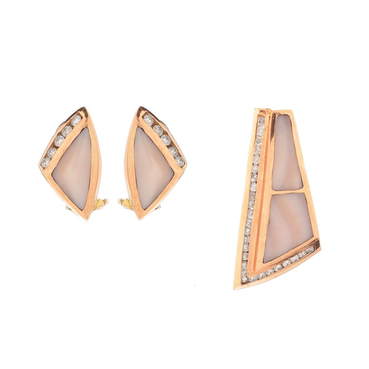 Diamond, Onyx and 14K Pendant and Earrings
