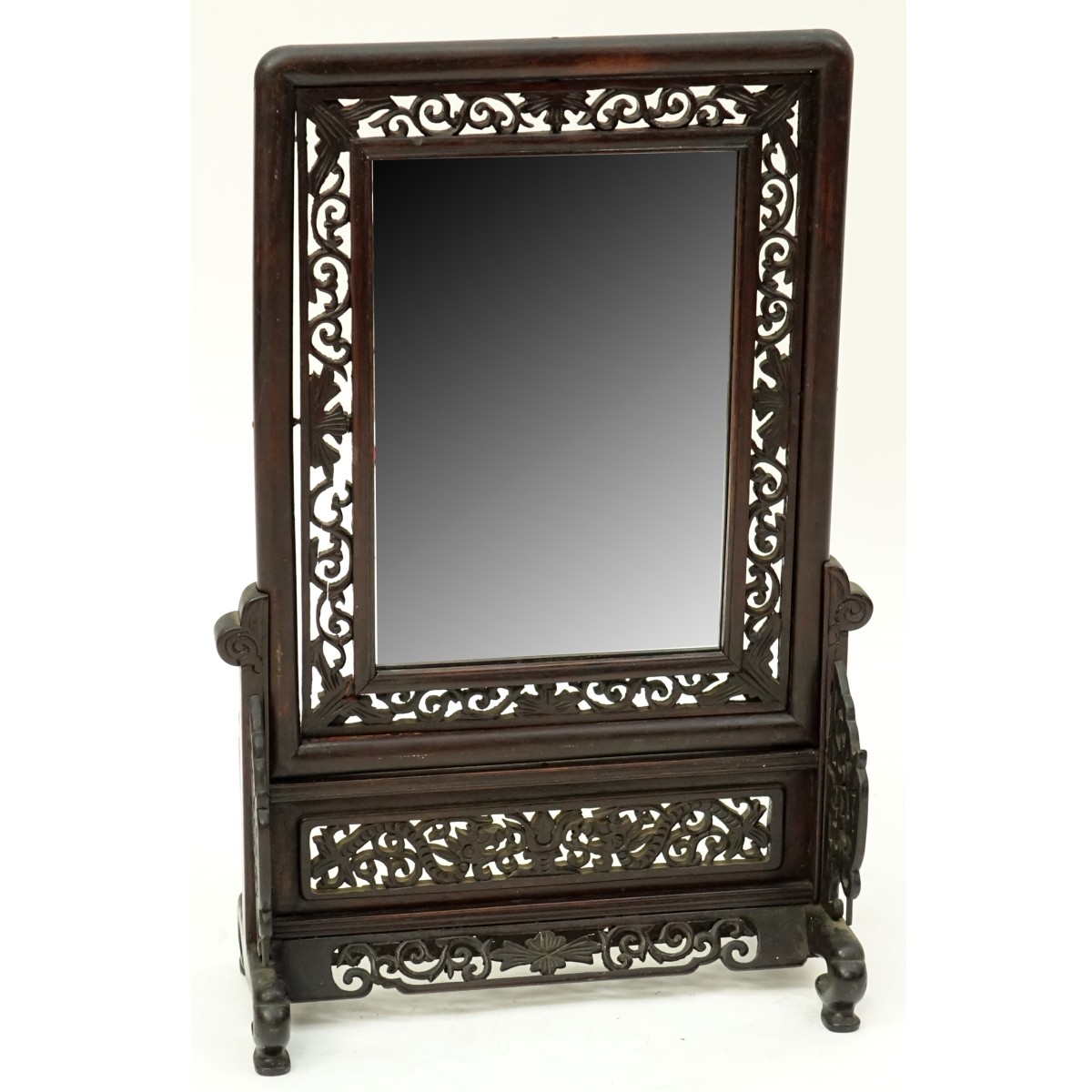 Chinese Carved Wood Mirror On Stand
