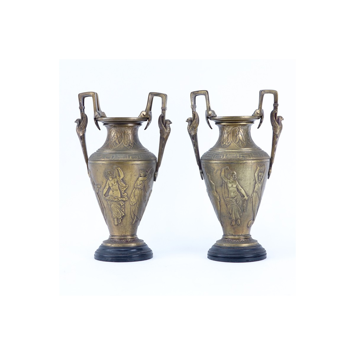 Pair of Gilt Bronze Neoclassical Style Urns. Features draped female figures
